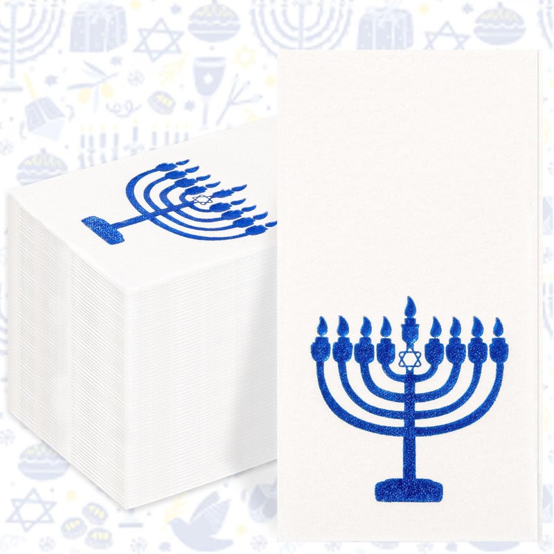 Joyido 50 Pack Hanukkah Napkins - Blue and White Paper Napkins - Heavy Duty Cloth-Like Feel Napkin with Menorah Candles - Disposable Hand Towels for Kitchen Table Bathroom Holiday Decor - Image 1